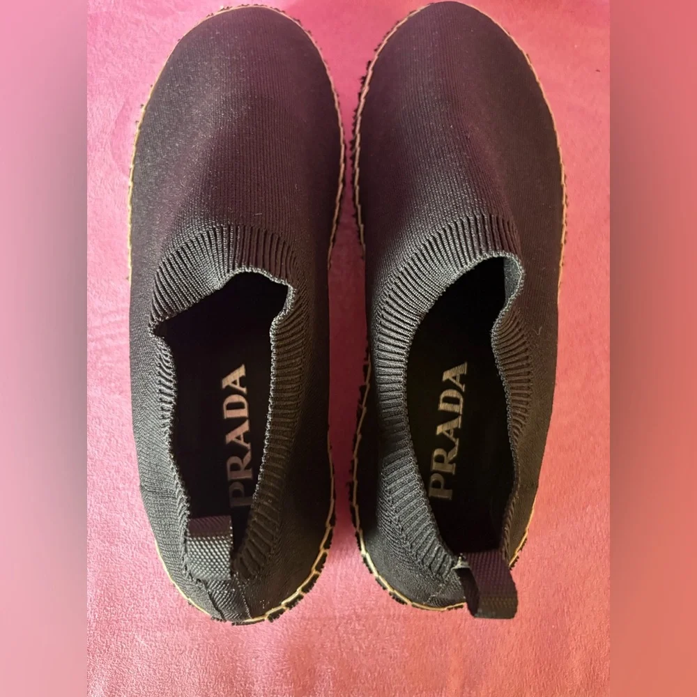 Prada Calzature Donna Black Knit Cotton Espadrille Shoes Slip On Jute Trim 37.5
